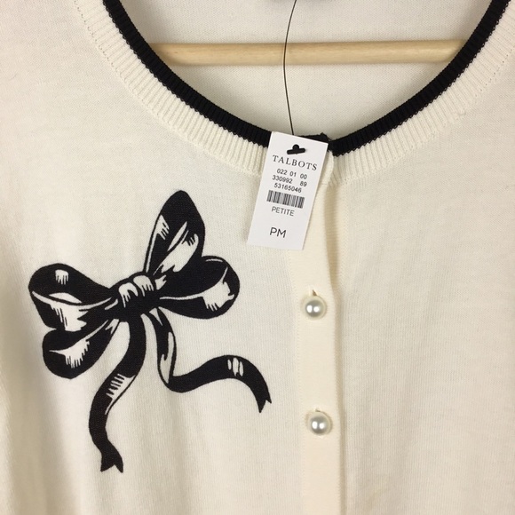 Talbots Cardigan Sweater Bow Pearl Buttons Black Trim NWT - Picture 4 of 6